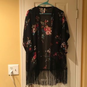 Black and Floral Fringe Kimono